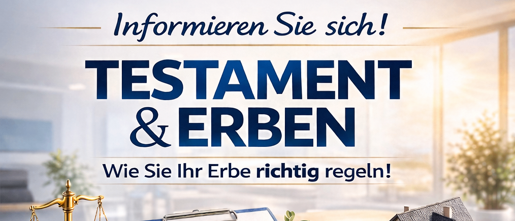 Werbung für eine Veranstaltung über Erbe und Testamente mit einer Waage, einem Hausmodell und Geld, geplant für den 14. März 2026 um 11:00 Uhr in Grafenbach.
