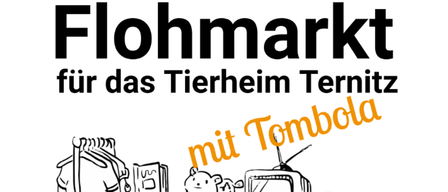 A poster advertises a flea market for the Ternitz animal shelter with a raffle. It features a sketch of a room with various items.