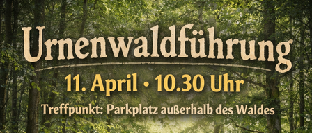 Ein Bild zeigt einen Weg durch einen Wald mit weißen Blumen. Eine Bank befindet sich auf dem Pfad, und das Datum ist der 11. April um 10:30 Uhr. Der Treffpunkt ist auf einem Parkplatz außerhalb des Waldes.