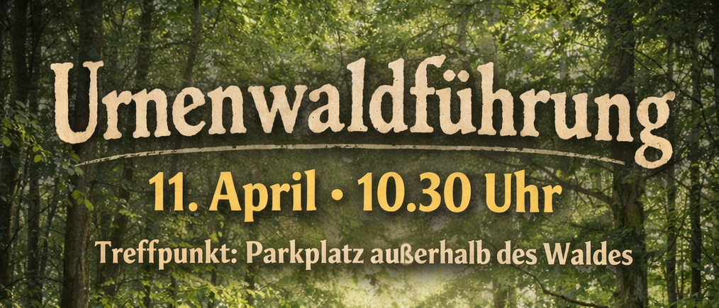 Ein Bild zeigt einen Weg durch einen Wald mit weißen Blumen. Eine Bank befindet sich auf dem Pfad, und das Datum ist der 11. April um 10:30 Uhr. Der Treffpunkt ist auf einem Parkplatz außerhalb des Waldes.