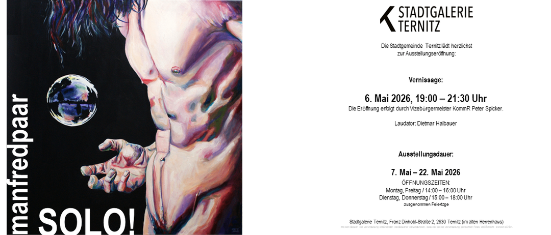Plakat für eine Ausstellungseröffnung. Es zeigt ein abstraktes Gemälde eines Mannes und das Eröffnungsdatum vom 6. Mai 2026.