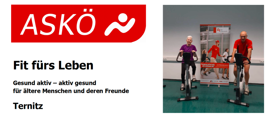 Rotes Logo mit weissem Text 'KOeben'. Eine Frau trainiert auf einem Fahrrad. Text heisst 'tiv gesund en und deren Freunde' und 'mber 2026'. Eine Anzeige zeigt eine Person, die läuft.
