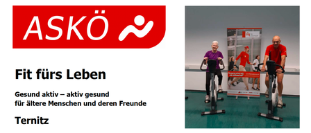Rotes Logo mit weissem Text 'KOeben'. Eine Frau trainiert auf einem Fahrrad. Text heisst 'tiv gesund en und deren Freunde' und 'mber 2026'. Eine Anzeige zeigt eine Person, die läuft.