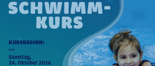 Plakat zur Bewerbung eines Schwimmkurses für Kinder bis 3 Jahre, organisiert von der Stadtgemeinde Ternitz in Zusammenarbeit mit Frau Margot Schneider. Der Kurs beginnt am Samstag, 24. Oktober 2026. Die Gebühr beträgt 110 Euro pro Kind. Die Anmeldung ist sofort möglich.
