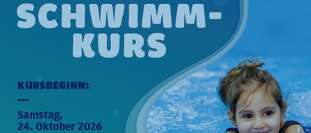 Plakat zur Bewerbung eines Schwimmkurses für Kinder bis 3 Jahre, organisiert von der Stadtgemeinde Ternitz in Zusammenarbeit mit Frau Margot Schneider. Der Kurs beginnt am Samstag, 24. Oktober 2026. Die Gebühr beträgt 110 Euro pro Kind. Die Anmeldung ist sofort möglich.