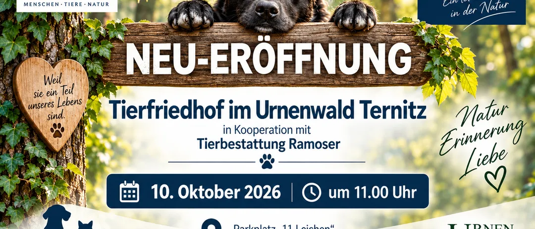 Plakat zur Eröffnung eines neuen Tierparks im Urnenwald Ternitz, mit einem schwarzen Hund mit orangefarbenen Augen, geplant für den 10. Oktober 2026 um 11:00 Uhr.