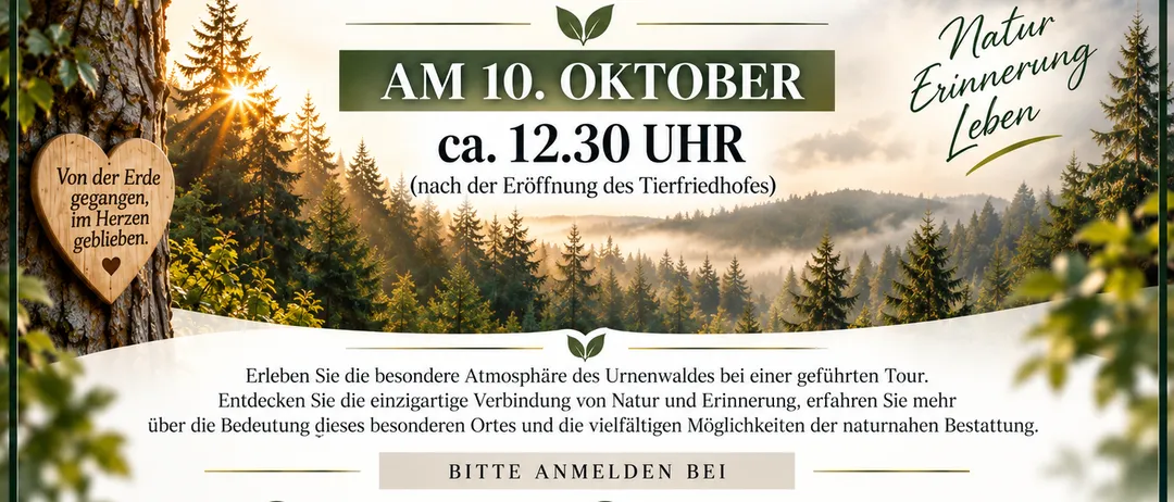 Führung durch den Urnenwald am 10. Oktober um 12:30 Uhr. Erleben Sie die besondere Atmosphäre des Urnenwaldes. Kontaktieren Sie office@bestattung-stanz.at zur Anmeldung.