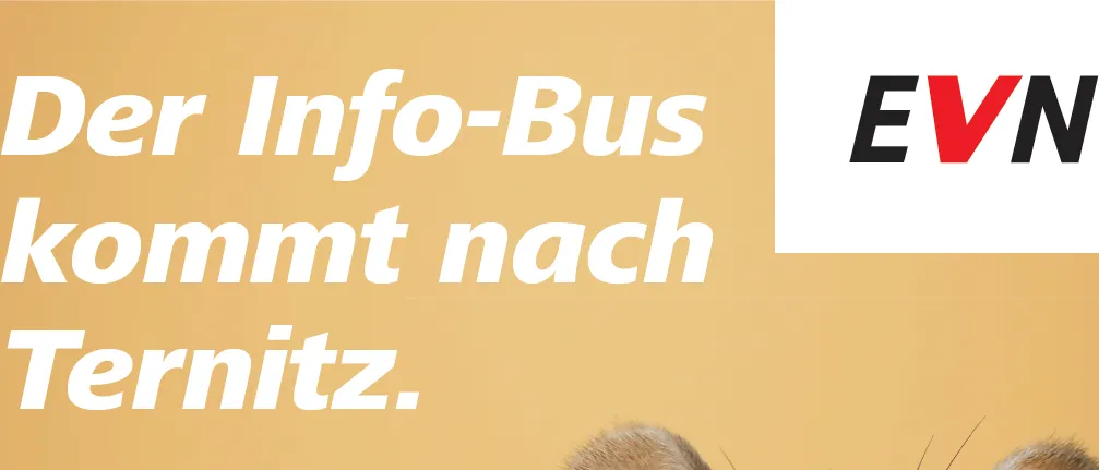 Ein Plakat, das eine Info-Bus-Veranstaltung in Ternitz ankündigt, mit einer Maus, die ein Schild mit der Nummer 10 und dem Text 'ct/kWh exkl. rund 10, USt.' hält.