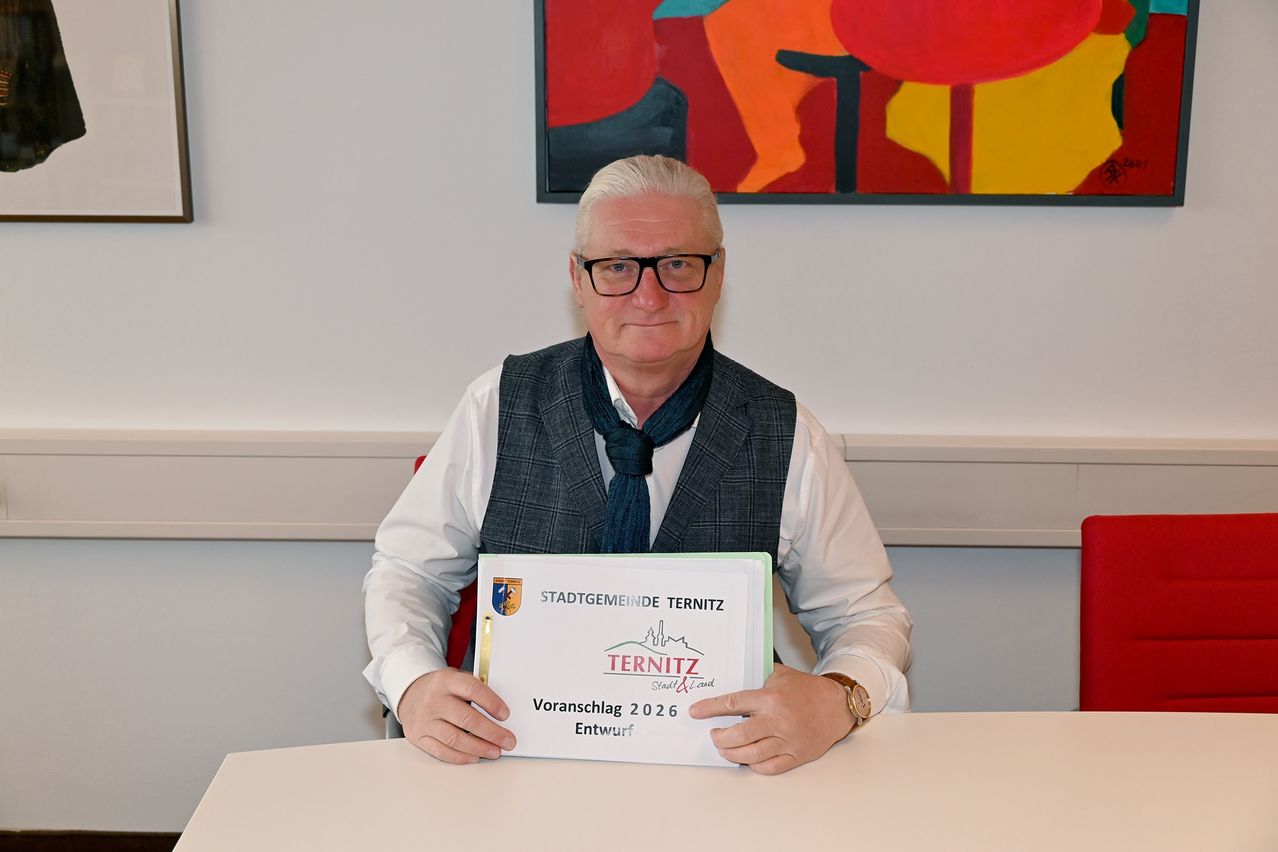 Ein älterer Mann mit Brille hält einen Vorschlagsentwurf von Stadtgemeinde Ternitz. Er sitzt an einem Tisch vor einem großen abstrakten Gemälde.
