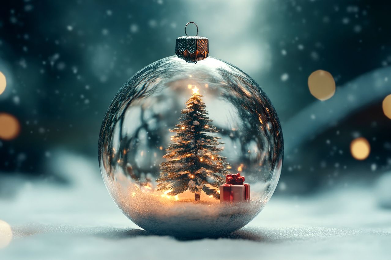 Eine transparente Weihnachtskugel zeigt einen kleinen Baum im Inneren, der von sanften Lichtern beleuchtet wird, mit einem roten Geschenkkarton darunter.
