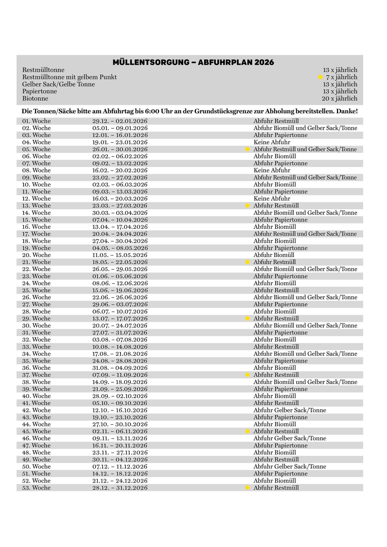 Wöchentlicher Zeitplan für die Abholung von Biomüll und Papiertonne. Wochentags ab 6:00 Uhr an der Grenze. Biomüll wird montags, mittwochs und freitags abgeholt. Papiertonne wird dienstags und donnerstags abgeholt. Besondere Hinweise für Woche 5, 16, 20 und 38.