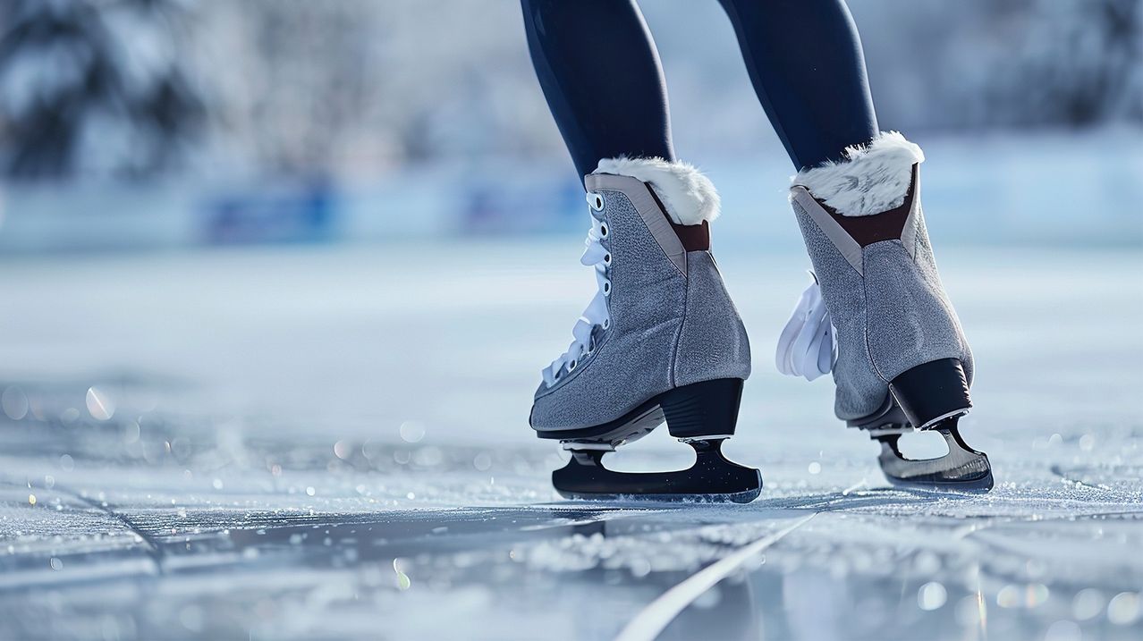 Eine Nahaufnahme einer Person mit Eislaufschuhen auf einem gefrorenen See. Die Schlittschuhe haben Fellfutter und schwarze Klingen.