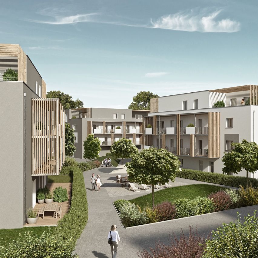 Eine künstlerische Darstellung eines modernen Wohnkomplexes mit grüner Landschaftsgestaltung und Gehwegen. Im Hintergrund schlendern Menschen.