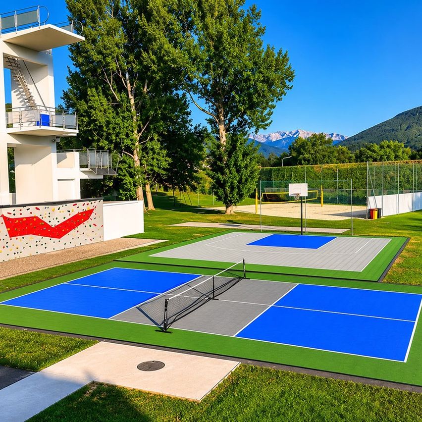 Zwei Tennisplätze mit blauen und grauen Oberflächen sind auf einem Rasenfeld aufgebaut. Ein großer Baum steht im Hintergrund, und eine Kletterwand ist auf der linken Seite sichtbar. Ein Basketballkorb ist auf der rechten Seite platziert. In der Ferne sind Berge unter einem klaren blauen Himmel zu sehen.