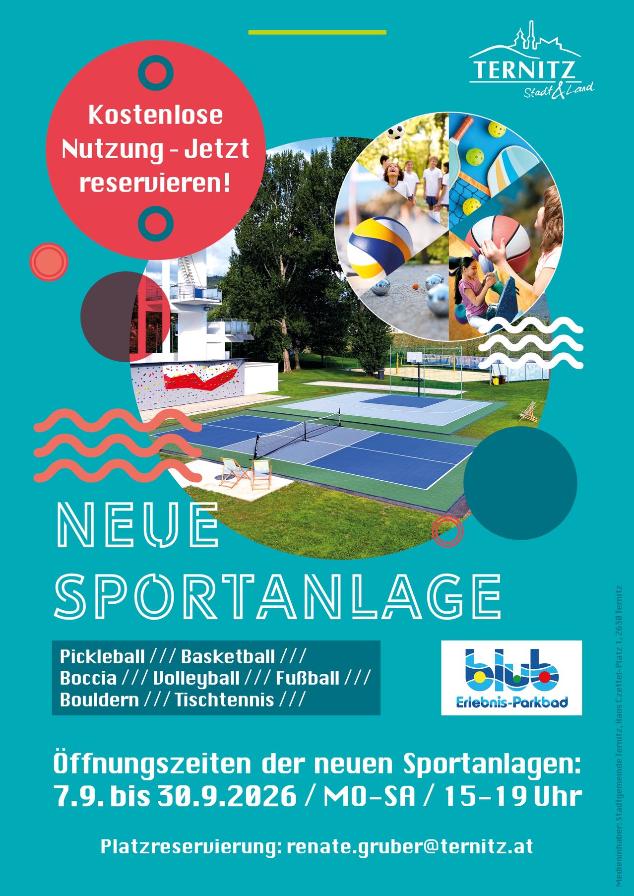 An advertisement poster for a new sports facility featuring various sports courts, including tennis, basketball, and volleyball, with a vibrant and colorful design.