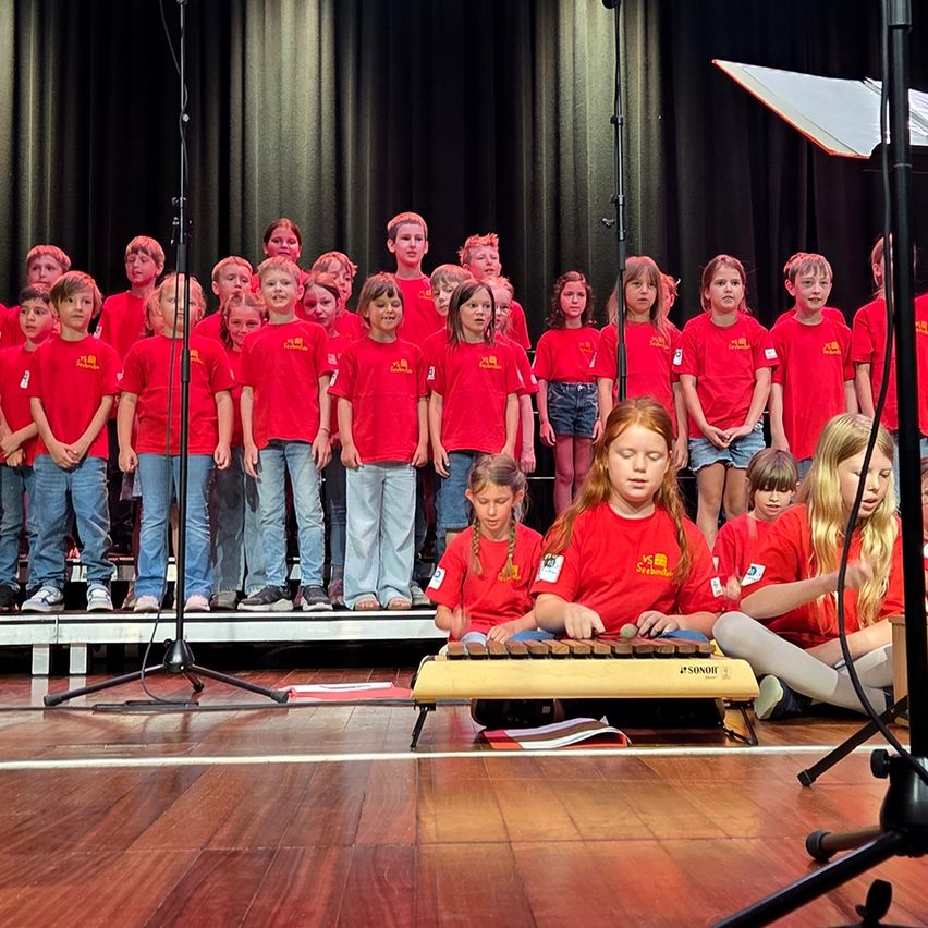 Eine Gruppe von Kindern in roten Shirts und Jeans tritt auf einer Bühne mit Xylophon und Klavier auf. Sie sind von anderen Kindern in roten Shirts umgeben.