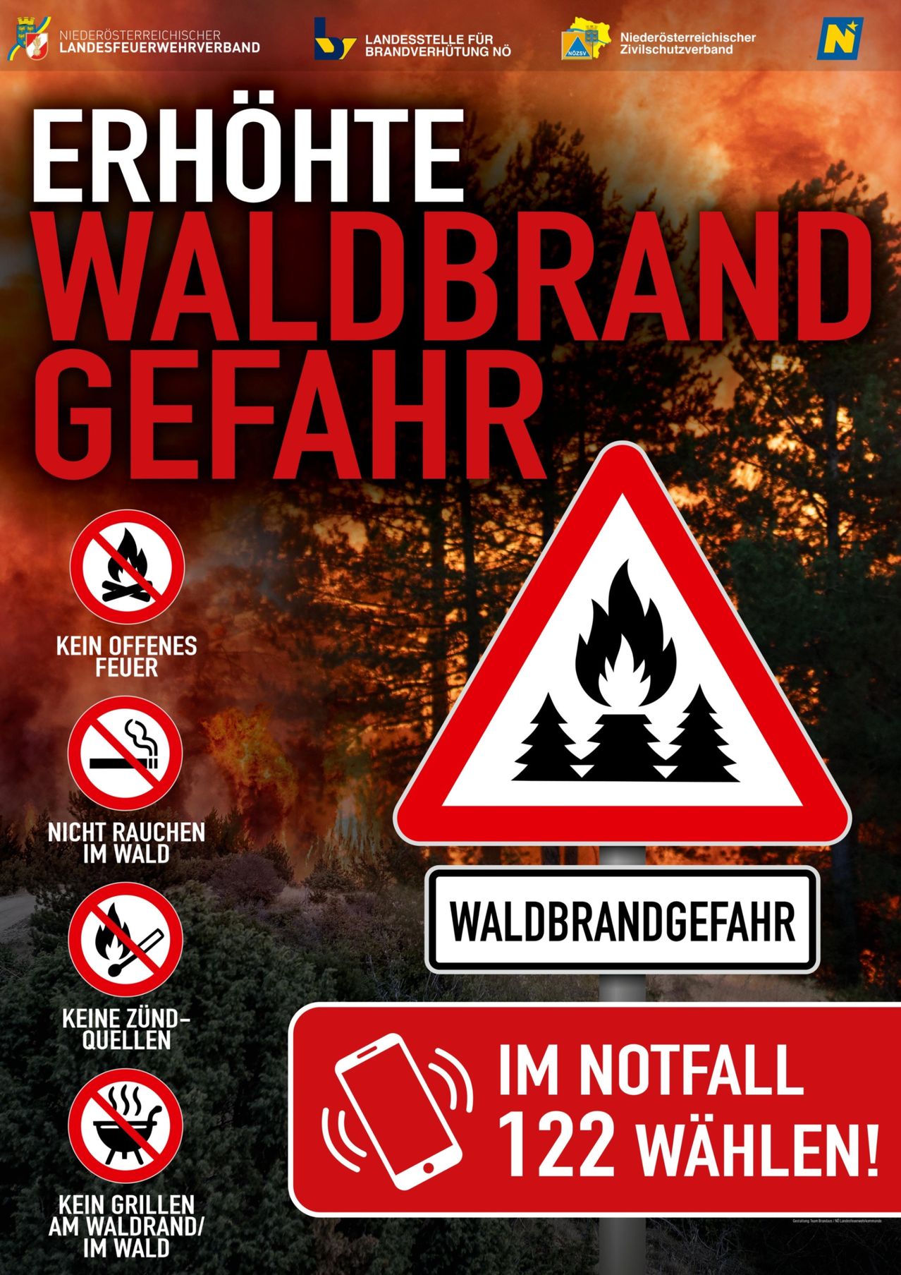 A poster shows a forest fire with a warning sign. It prohibits open fires, smoking, and igniting sources. In case of emergency, it advises using a phone.