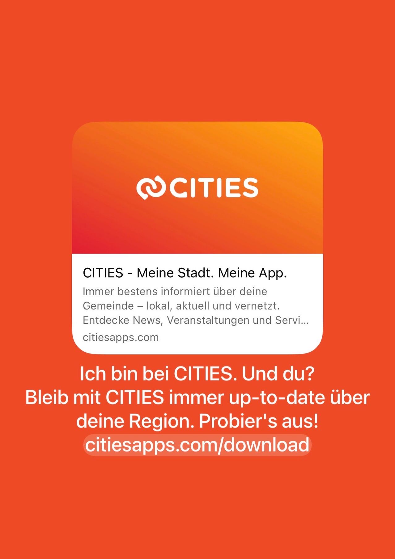 An advertisement for the app 'CITIES - Meine Stadt. Meine App.' on an orange background. It promotes staying informed about local news, events, and services.