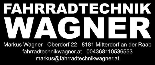 Schwarz-weißer Text auf schwarzem Hintergrund. Der Name Fahrradtechnik Wagner mit Adresse, Telefonnummer und E-Mail-Adresse ist angezeigt.