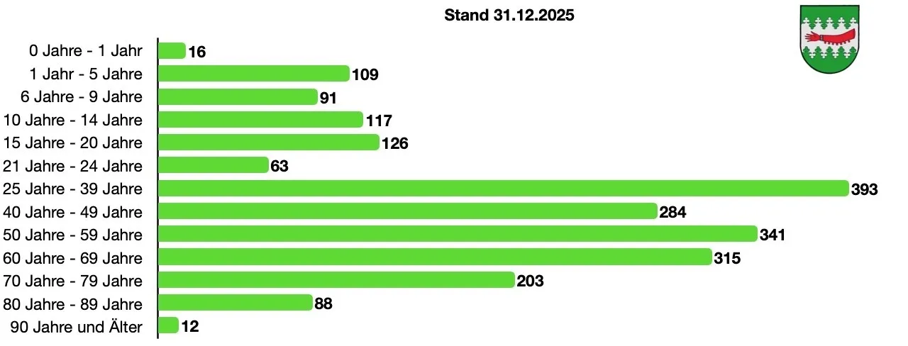 Ein horizontales Balkendiagramm zeigt verschiedene Zahlen in Grün. Von links nach rechts sind die Zahlen 16, 109, 91, 117, 126, 63, 284, 203, 88 und 2. Das Datum 31.12.2025 ist über dem Diagramm erwähnt.