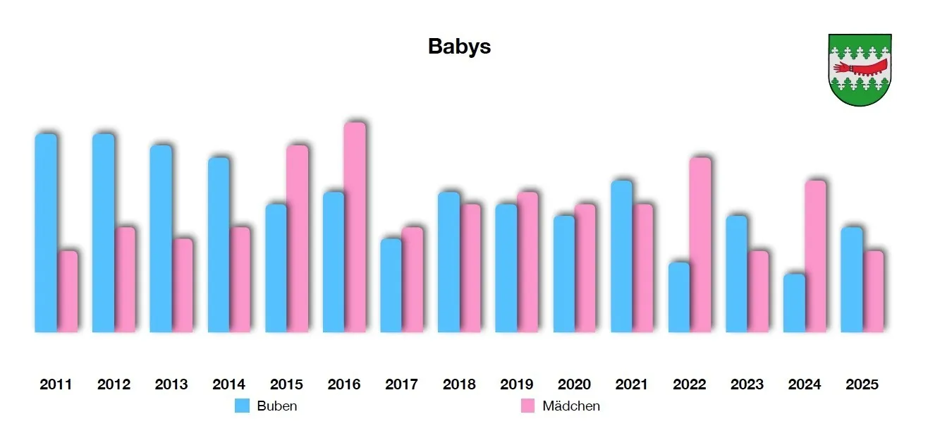 Ein Balkendiagramm mit dem Titel 'Babys' zeigt die Anzahl der geborenen Jungen und Mädchen von 2014 bis 2022. Die Jahre sind auf der x-Achse beschriftet, und die Anzahl der Babys wird auf der y-Achse dargestellt. Das Diagramm zeigt einen zunehmenden Trend bei der Anzahl der geborenen Babys jedes Jahr, mit einem leichten Rückgang im Jahr 2020. Die Anzahl der geborenen Jungen ist durchgehend höher als die Anzahl der geborenen Mädchen, mit Ausnahme von 2022.