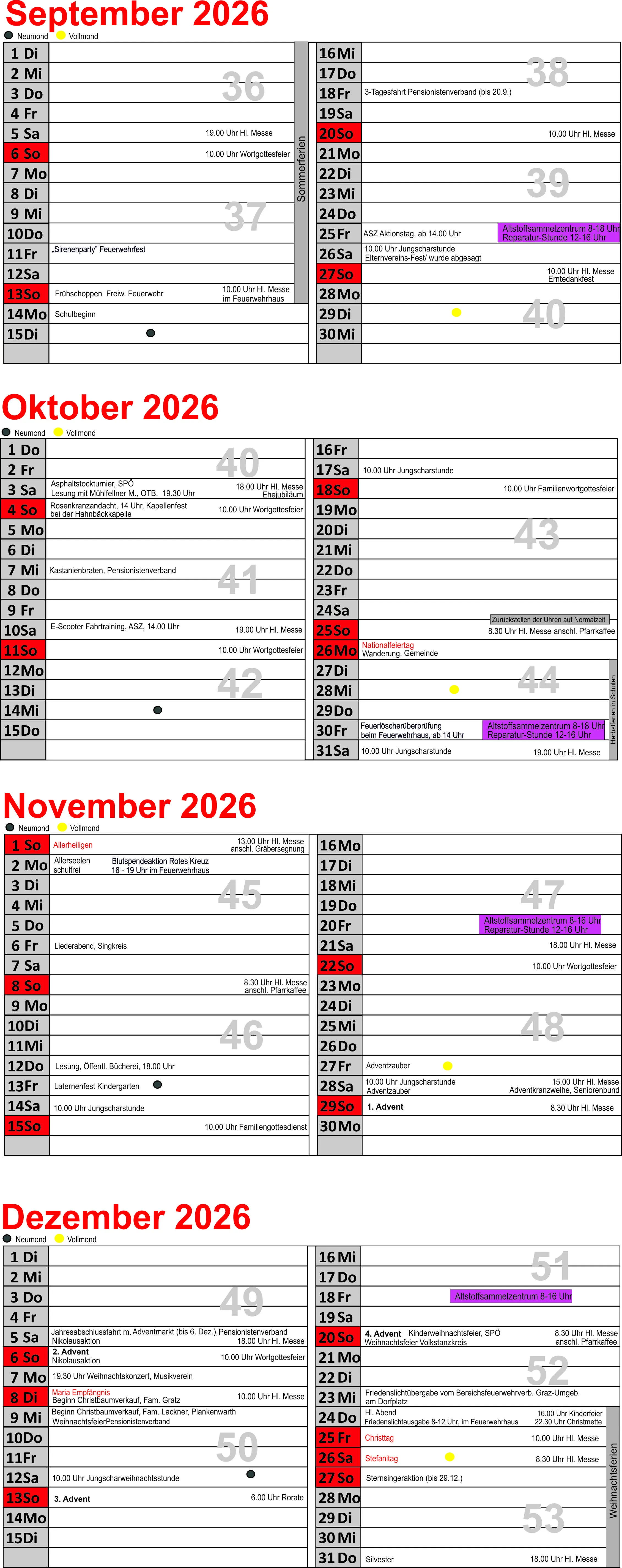Eine Tabelle mit verschiedenen Veranstaltungen und Zeiten für November 2026, einschließlich Aktivitäten wie Blutspende, Brandschutztraining und Gemeinschaftsveranstaltungen. Die Tabelle ist in zwei Abschnitte unterteilt, einen für die obere Hälfte und einen für die untere Hälfte.