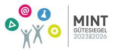 Logo für MINT GUTESIEGEL 2023-2026 mit Symbolen eines Dreiecks, At-Zeichen, Kolben, Zahnrad und zwei Personen, die ihre Hände heben.