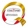Das Logo für Schulsport Gutesiegel, mit einem golden-roten kreisförmigen Design, einem Personensymbol und den Jahren 2025 und 2028 hervorgehoben.