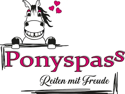Ein lächelndes Pony mit Herzen über dem Kopf und dem Text 'Ponyspa' in Rot. Darunter steht 'Reiten mit Freude'.