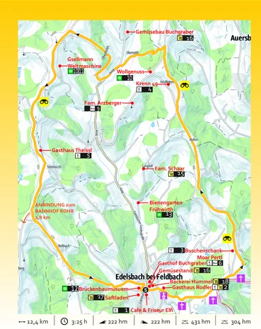 Karte mit Wanderwegen und verschiedenen Sehenswürdigkeiten. Wichtige Orte sind Gsellmann Weltmaschine, Gasthaus Theiss und Biemgarten Fruhwirth.