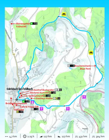 Eine Karte, die eine Wanderroute im Gebiet von Feldbach zeigt. Interessante Punkte sind Bienengarten, Fruhwirth und Gasthof Buchgraber. Die Route ist mit blauen und roten Linien markiert.