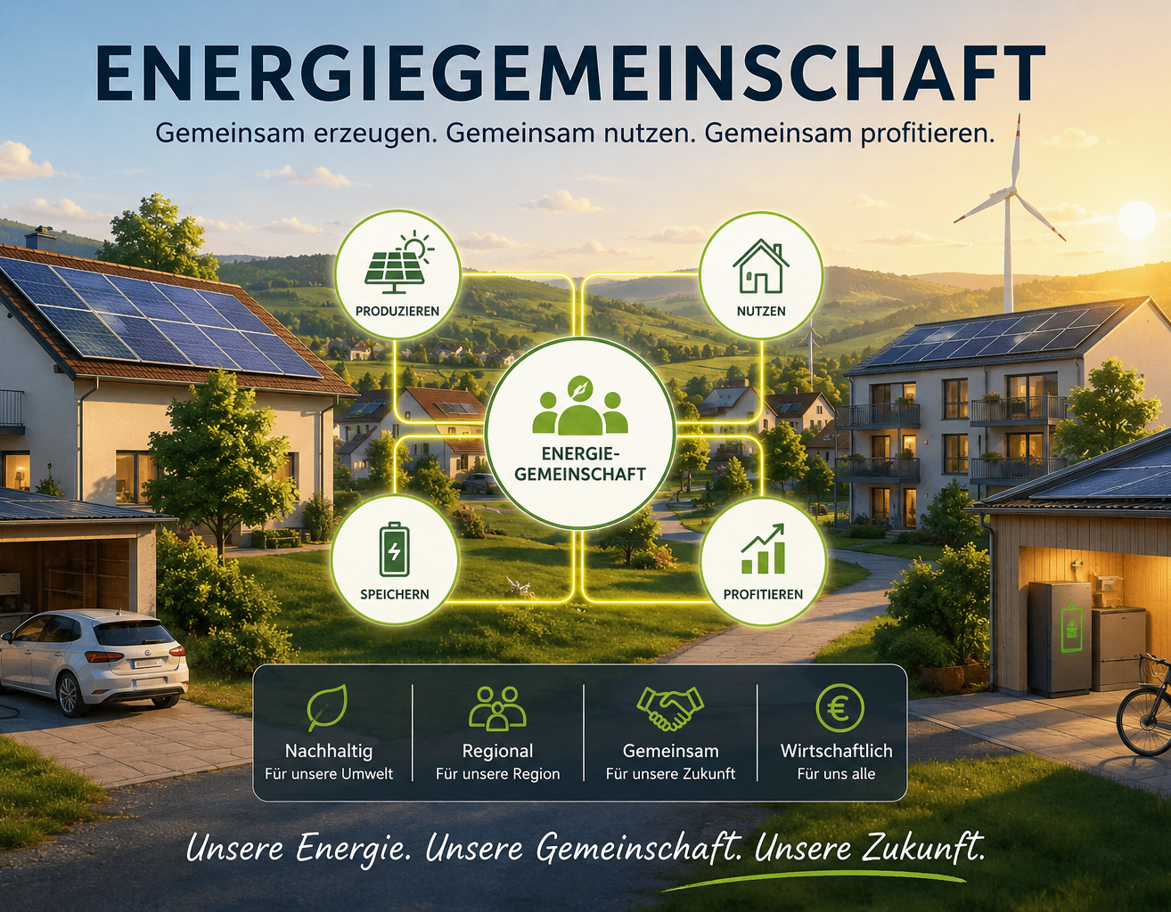 Ein Infografik über Energiegemeinschaft, die Häuser mit Solarpanelen, eine Windturbine und ein Gemeinschaftslogo zeigt. Es hebt Produktion, Nutzung, Speicherung und Energiegewinn hervor.