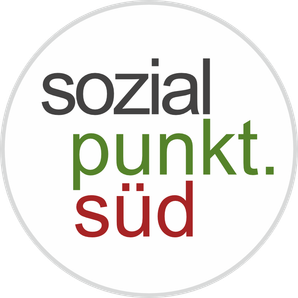 Ein weißer Kreis mit schwarzem Rand zeigt den Text 'sozial punkt. sud' in grüner, roter und schwarzer Schrift.