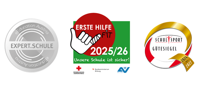 Ein Bild zeigt ein kreisförmiges Logo mit den Worten 'Erste Hilfe Fit' und '2025/26'. Es enthält eine Hand, die einen Verband hält, ein rotes Kreuz und Logos von 'Osterreichisches Jugendrotkreuz' und 'Bundesministerium'.