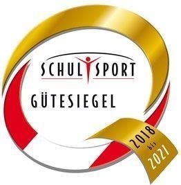 Das Logo für Schulsport Gutesiegel mit den Jahren 2018 bis 2021, mit einem gold- und rotfarbenen Design und einer Figur in einem Kreis.