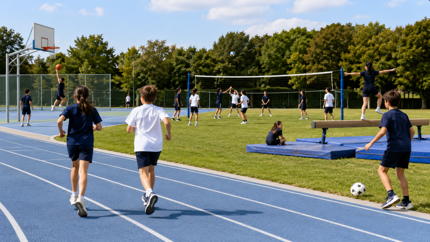 Eine Gruppe von Schülern spielt Volleyball auf einem Feld. Ein Junge läuft auf einer Laufbahn. Bäume und ein Zaun sind im Hintergrund.