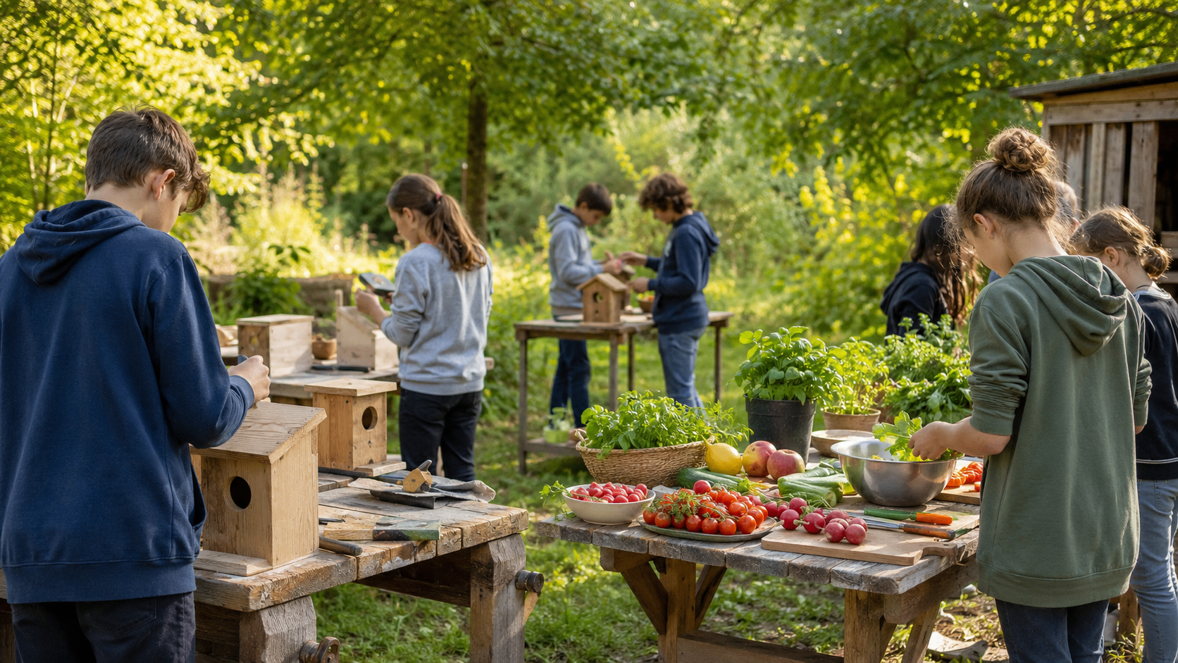 Mehrere Personen arbeiten an Holztischen in einem Garten und bereiten Essen und Vogelhäuser vor. Eine Person hält ein Tablet, während andere an einem Vogelhaus arbeiten. Ein Korb mit Gemüse und Früchten steht auf einem Tisch.