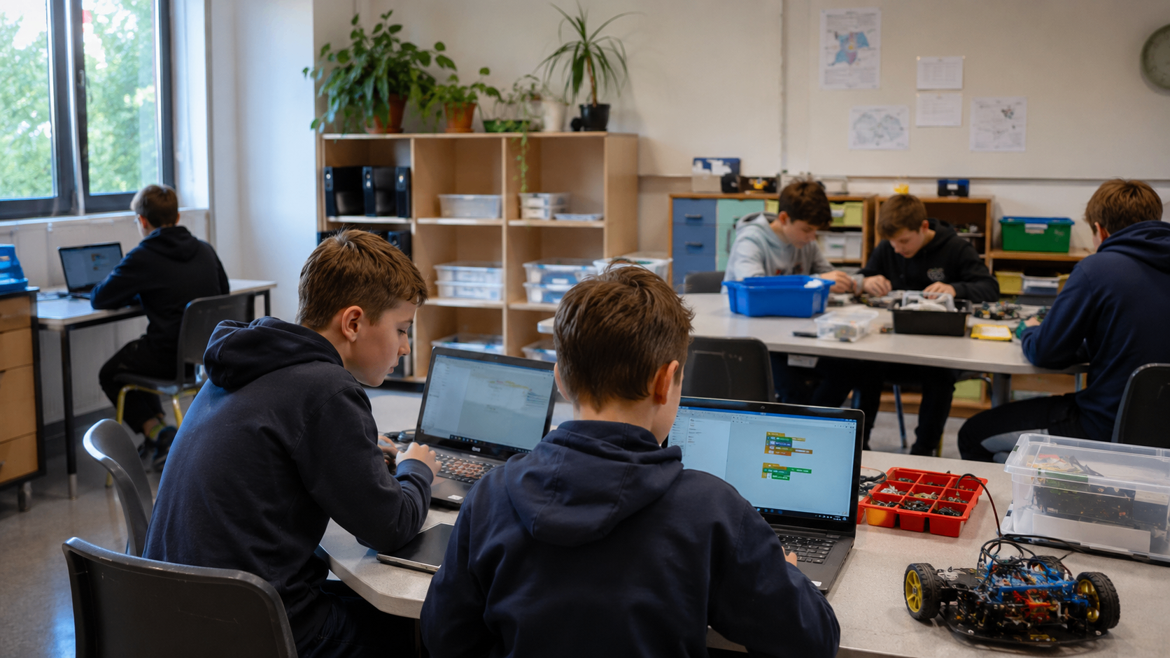 Vier Jungen in einem Klassenzimmer benutzen Laptops. Einer tippt auf der Tastatur, ein anderer konzentriert sich auf den Bildschirm. Dahinter hält ein Regal Pflanzen und Aufbewahrungsboxen.