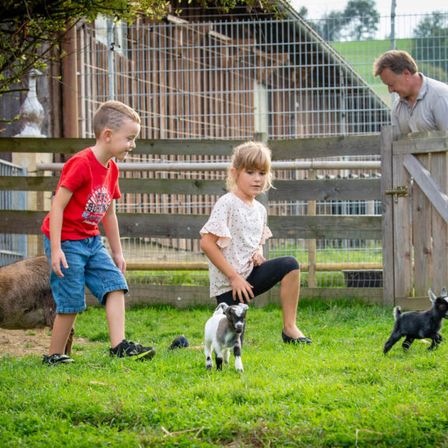 Zwei Kinder spielen mit Ziegenbabys auf einem Bauernhof. Ein Mann steht am Zaun.