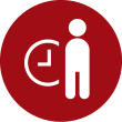Ein weißes Symbol einer Person mit einer Uhr in einem roten Kreis