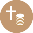 Ein brauner Kreis-Icon mit einem weißen Kreuz und einem Stapel Münzen darin.