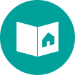 Ein weißes Symbol eines Buches mit einem Haus darin, auf grünem Hintergrund