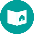 Ein weißes Symbol eines Buches mit einem Haus darin, auf grünem Hintergrund