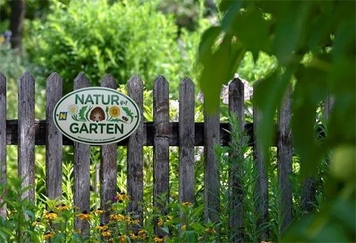 Ein Holzzaun mit einem Schild, das 'Natur am Garten' in weißen Buchstaben auf grünem Hintergrund zeigt. Der Zaun ist von verschiedenen Pflanzen und Blumen umgeben, darunter Gänseblümchen und andere Blumen.
