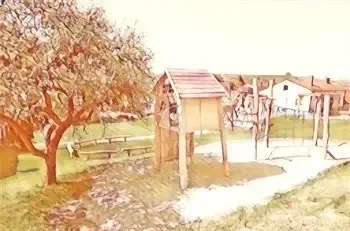 Eine Zeichnung eines Spielplatzes mit einem Holzhaus, einer Schaukel und einer Bank in der Nähe eines Baumes.