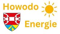 Ein Logo mit den Worten 'Howodo Energie', das eine Sonne und einen Schild mit einem weißen Streifen auf rotem Hintergrund zeigt.