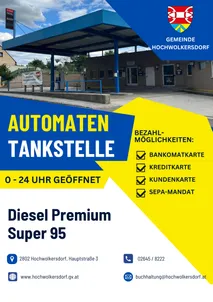 Eine Werbung für automatisiertes Tanken in Hochwolkersdorf, 24 Stunden geöffnet. Sie zeigt Zahlungsmöglichkeiten wie Bank, Kredit, Kundenkarten und SEPA-Mandat. Der Kraftstofftyp ist Diesel Premium Super 95.