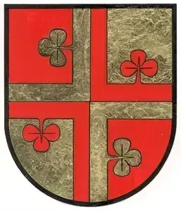 Ein heraldischer Schild mit einem roten Kreuz, das ihn in vier Abschnitte teilt. Jeder Abschnitt zeigt ein rotes vierblättriges Kleeblatt auf goldenem Hintergrund.