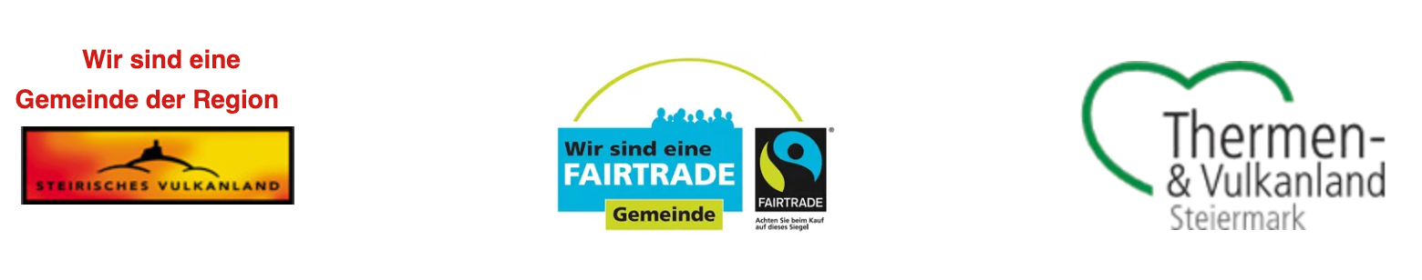 Logo für Fair Trade Gemeinde mit einem blauen und gelben Label und einem gelben Bogen darüber.