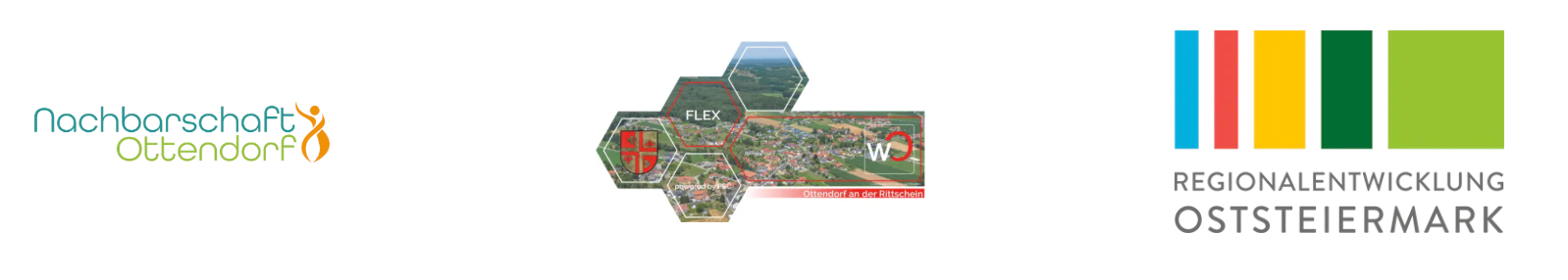Sechseckige Grafik mit Luftaufnahme eines Dorfes. Der obere Bereich enthält das Wort FLEX, der untere linke Bereich hat einen Schild und Text und der untere rechte Bereich hat die Worte Ottendorf an der Rittschein.